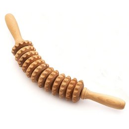 Curved wooden cellulite massage roller made of natural beech wood, designed for lymphatic drainage and maderotherapy.