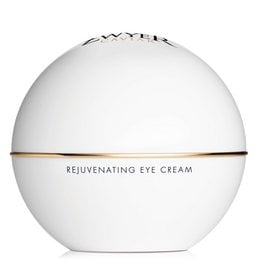Rejuvenating eye cream in a white and gold spherical container. Designed to reduce the appearance of fine lines and wrinkles around the eyes.
