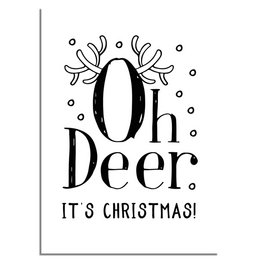 Black and white Christmas poster with text "Oh Deer It's Christmas" and decorative antlers. Available in various sizes and framing options.
