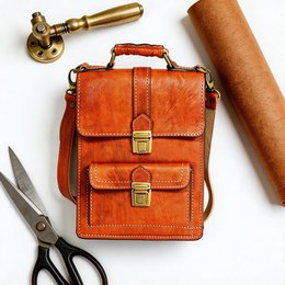  Red-orange vintage leather messenger bag, handcrafted artisan satchel with brass hardware, structured rectangular shape.