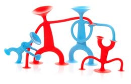 Colorful, flexible, and posable sensory toys in various shapes and sizes. Includes figures with red and blue accents.