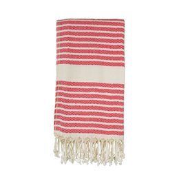 A striped red and white hammam towel with tasseled edges, suitable for use as a beach towel or bath towel.