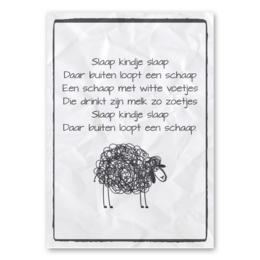 A black and white poster featuring a simple illustration of a sheep and text in Dutch that translates to "Sleep little sheep, dear little lamb, don't be afraid, the shepherd is watching over you." The poster has a vintage, hand-drawn style.