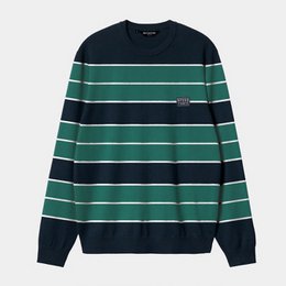  Navy and teal green striped men's sweater with long sleeves, crew neck, horizontal stripes.