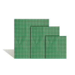 Set of 3 beeswax food wraps in a green and white gingham pattern. The wraps are reusable and eco-friendly alternatives to single-use plastic wrap.