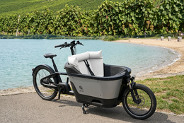 Off white cushion for cargo bike, soft padding, rectangular shape, urban transport accessory