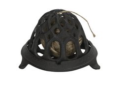  Black dome-shaped decorative band holder with ornate cutout patterns, metal tripod feet, vintage style.