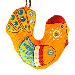 Handmade and hand-painted orange keychain in the shape of a rooster, featuring colorful floral and geometric patterns.