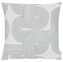  Beige and light blue cushion cover with a geometric pattern of intersecting lines and curves.