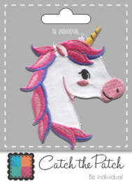Colorful unicorn head brooch in pink and white with rainbow-colored mane and horn. Suitable for fashion accessories and decorative purposes.