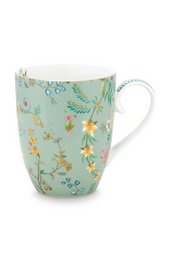 Large mug with floral pattern in blue, green, and yellow colors. Ceramic mug with a handle, suitable for hot beverages.