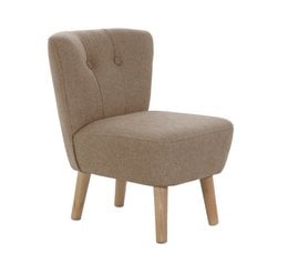 A plush, beige-colored kids chair with a tufted back and wooden legs.