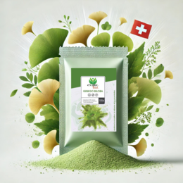  Ginkgo biloba meal supplement drink, green powder in resealable bag, natural herbal ingredients for cognitive health.