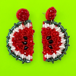  Red watermelon beaded earrings with white seeds, round fruit-shaped statement jewelry, colorful beaded design.