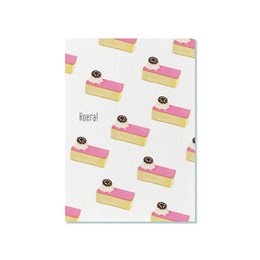 Vibrant tulip bouquet in a turquoise vase on a postcard.