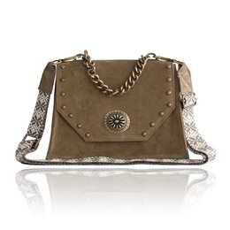Suede shoulder bag in a neutral tan color, featuring a decorative metal stud and chain strap design.