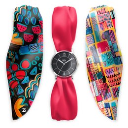 Stylish watch with colorful abstract pattern on the strap. Black dial with simple, minimalist design. Suitable for casual or formal wear.