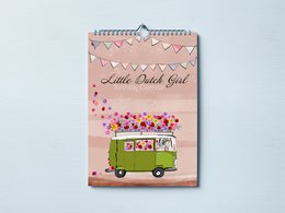 Colorful calendar with illustrations of a little Dutch girl, a vintage van, and various decorative elements. Suitable for birthday celebrations and home decor.