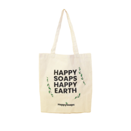  Reusable cotton shopper bag with "Happy Soaps Happy Earth" text in green. Durable and eco-friendly shopping bag for everyday use.
