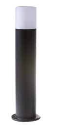 A tall, cylindrical outdoor lighting fixture with a black matte finish and a white diffused light source at the top.