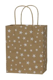  Brown paper gift bag with white stars pattern, kraft material, square shape with handles