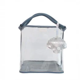 Large clear beach bag with blue trim, perfect for storing and transporting toys, towels, and other beach essentials.