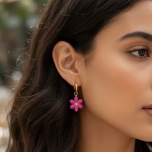 Rouge Daisy- hoops - Hoop and Fuchsia Flower Earrings