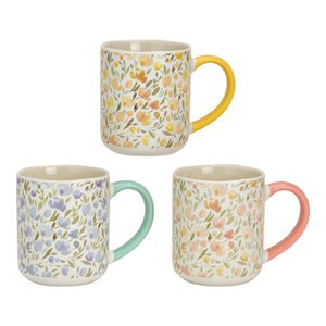 Tasse Blumen Dekor aus Porzellan, 3-fach, Gelb/Rosa/Grün (B/H/T) 12x10x8cm 385ml