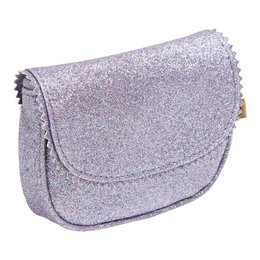 Lavender-colored kids' handbag with a glittery, textured exterior and a flap closure.
