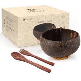 Coconut Bowl Set XL • Zero Waste • Natural
The coconut bowl set is a natural, zero-waste product made from polished, brown coconut shells. The set includes two bowls with a unique striped pattern. These bowls are perfect for serving salads, soups, or other dishes, and their natural material makes them an eco-friendly choice.