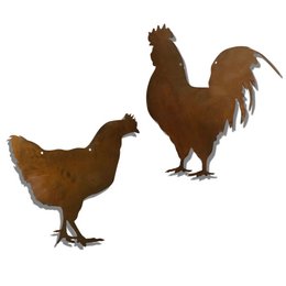 "Rustic metal rooster wall decor, set of 2 hanging garden decorations with a patina finish, suitable for country house or farmhouse style."
