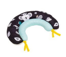 Soft, plush 2-in-1 tummy time pillow with black and white space-themed pattern. Designed to support baby's head and neck during tummy time play.