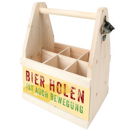 Wooden beer caddy with compartments for holding bottles or cans. Features a handle for easy carrying and the text "Bier holen" (German for "Get beer") printed on the side.