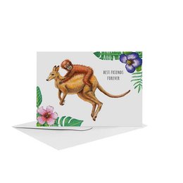 A hand-painted greeting card featuring a kangaroo and monkey in a tropical, jungle-inspired design. The card celebrates the friendship between the two animals.