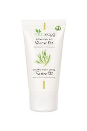 Organic foot cream with tea tree oil, moisturizing and soothing formula, suitable for dry and cracked feet.