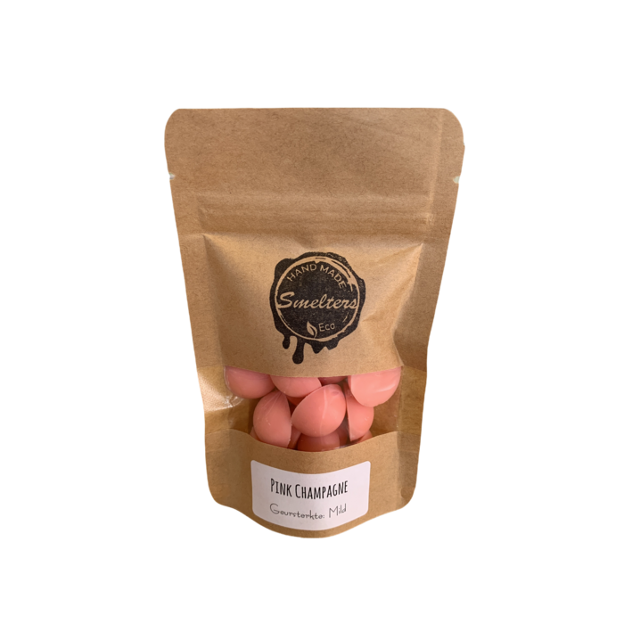 Fragrance Wax - Pink Champagne - Kraft Bag - 40g. Wax melts in pink color with a pink champagne scent, packaged in a kraft paper bag.