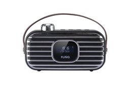 A sleek and modern DAB+ radio wireless speaker with a retro-inspired design, featuring a black metal grille and a digital display.