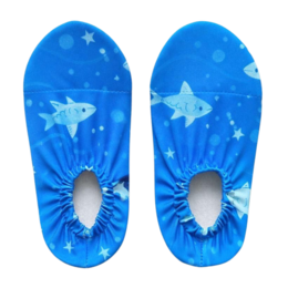  Blue shark water shoes with stars, kids slippers, aquatic design, comfortable footwear.