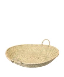  Woven straw tote bag with green and white striped pattern, featuring leather handles and trim.