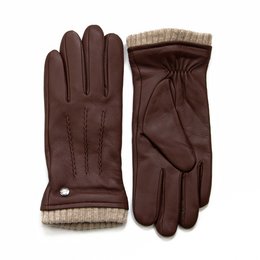Leather gloves in a cognac, black, and camel color palette with a ribbed knit cuff detail. The gloves feature a classic five-finger design and are available in a range of sizes.