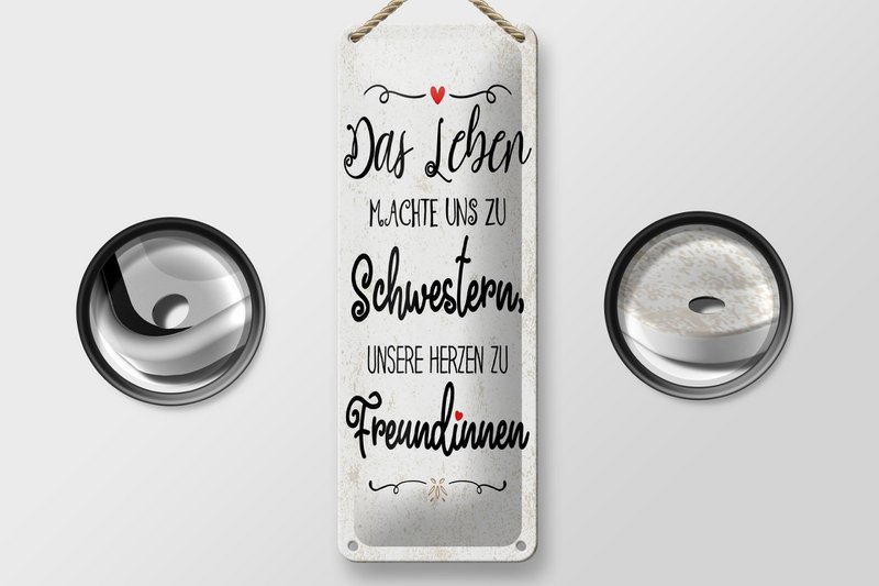 Blechschild Spruch 27x10 cm Schwestern unsere Herzen machen uns zu Freundinnen