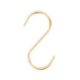 Gold metal S-shaped hooks, 11cm x 6cm x 1cm in size, suitable for clothing racks and other hanging purposes.