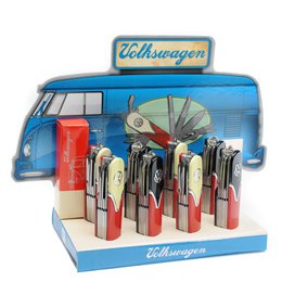 A display of 8 folding multifunction pocket knives from Volkswagen, suitable for picnics and outdoor activities. The knives feature various tools and a Volkswagen logo.