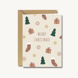A set of 5 Christmas cards with a festive pattern featuring Christmas trees, stockings, and presents. The cards are labeled "Merry Christmas!" in a simple, elegant design.