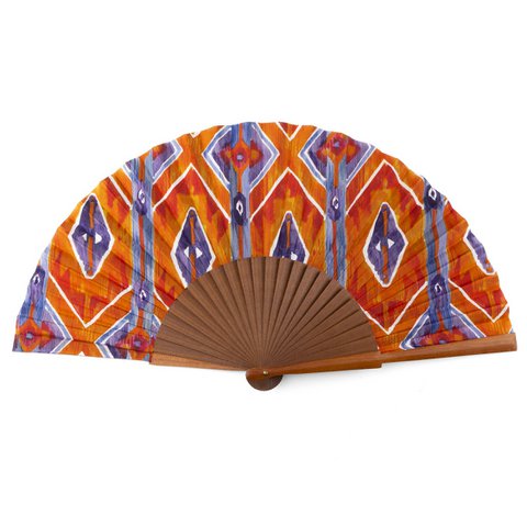 Orange and Blue Silk hand Fan with Bocapi Wood and Ikat Print