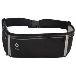  A black and gray reflective fanny pack designed for running and other fitness activities. The pack features an adjustable waist strap and multiple pockets for storage.
