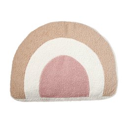 A round, plush pillow in pastel shades of pink, beige, and white. The pillow has a soft, textured surface and a modern, minimalist design that would complement a variety of home decor styles.