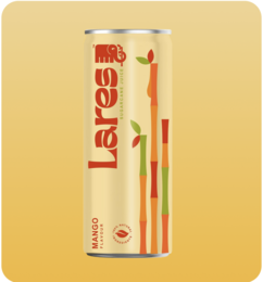  "Mango sugarcane juice beverage, cream and red can design, tropical fruit drink"