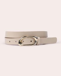  Elegant leather belt with sculpted gold buckle, available in black and off white, multiple sizes.