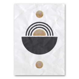 Abstract geometric wall art featuring a minimalist design with circles and arches in black and gold tones on a textured white background.